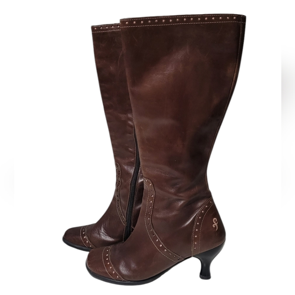 John Fluevog High Nicki Brown and pink Leather vintage Heeled Mid Calf Boots W8